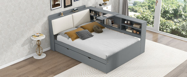 English Elm Wood Full Size platform bed with trundle, built-in storage headboard and shelves, sturdy pine frame Gray GX002055AAE