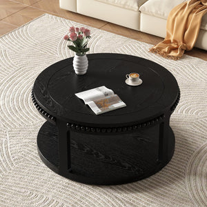 English Elm 31.5 Inch Round Solid Wood Coffee Table Two-Tier Thick Top Sturdy Legs 100lb Capacity, Elegant Finish Black W1445P341376