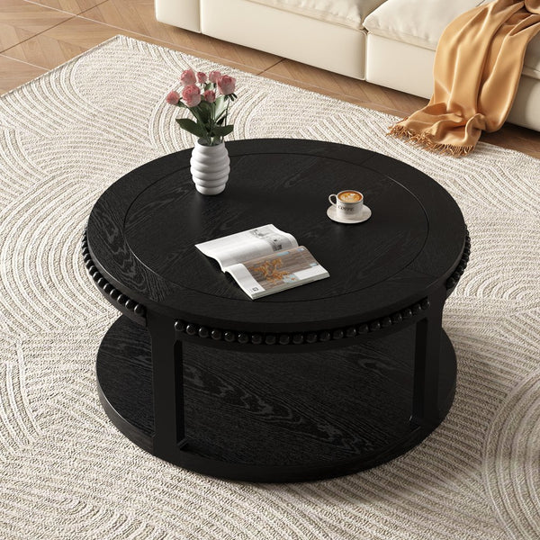English Elm 31.5 Inch Round Solid Wood Coffee Table Two-Tier Thick Top Sturdy Legs 100lb Capacity, Elegant Finish Black W1445P341376