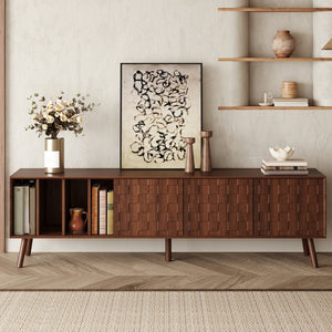 English Elm 68" Mid-century Walnut Media Console with Open Shelves and Soft-close Cabinet Storage N710P446195P