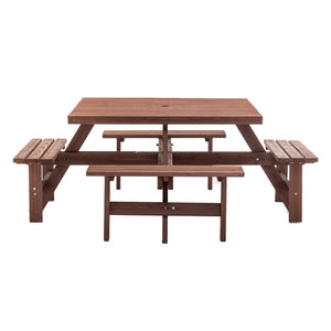 English Elm 8-person Square Wood Picnic Table with Umbrella Hole Reinforced Outdoor Dining Set W1422P392906