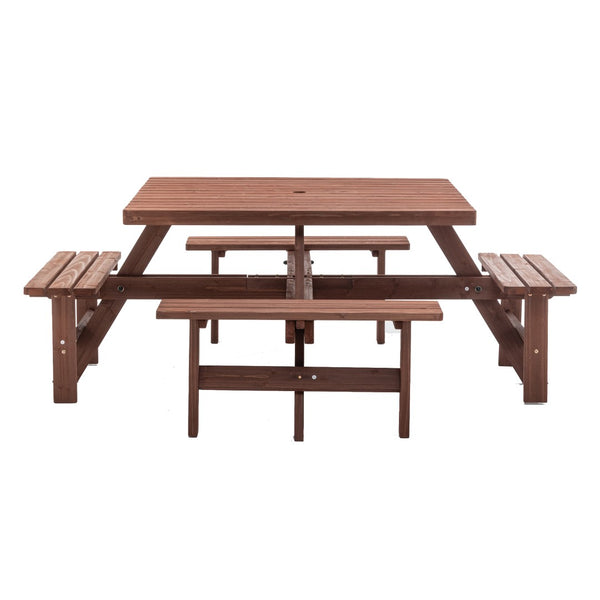 English Elm 8-person Square Wood Picnic Table with Umbrella Hole Reinforced Outdoor Dining Set W1422P392906