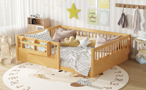 English Elm Queen Low Profile Kids Floor Bed with Guardrails Bookshelf and Pine Wood Frame Natural W1580P373143