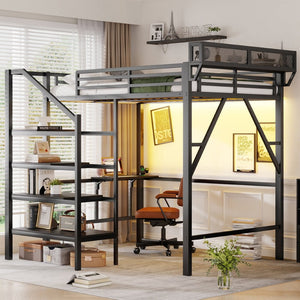 English Elm Full Size Metal Loft Bed with Foldable Desk Staircase Storage and Led Lighting W2580S00072