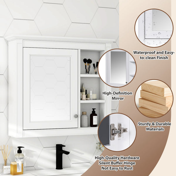 English Elm 30'' Modern Medicine Cabinet Wall Mirror with Hidden Storage and Adjustable Open Shelves for Bath White WF318452AAK