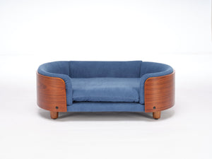 English Elm Scandinavian Mid-century Pet Sofa with Walnut Bentwood Back and Navy Velvet Cushion Dark Blue W794125941
