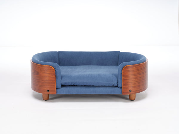 English Elm Scandinavian Mid-century Pet Sofa with Walnut Bentwood Back and Navy Velvet Cushion Dark Blue W794125941