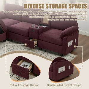 English Elm United L-Shaped Multifunctional Corduroy Sofa: 4-Seater With Usb Ports, Cup Holders & Storage Solutions W1568S00220-GIGA