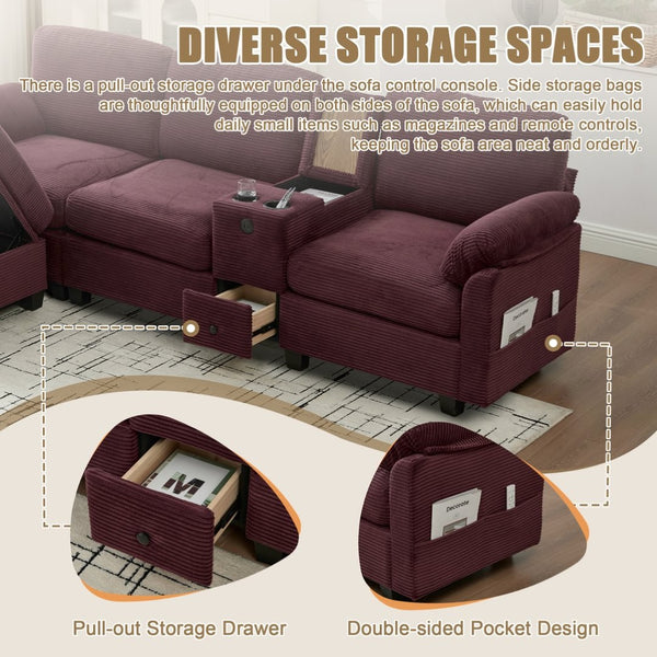 English Elm United L-Shaped Multifunctional Corduroy Sofa: 4-Seater With Usb Ports, Cup Holders & Storage Solutions W1568S00220-GIGA