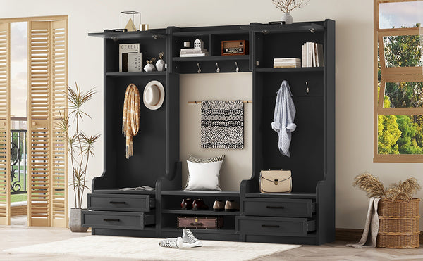 English Elm 4-in-1 Hall Tree with Bench, 7 Hooks, 2 Cabinets & 4 Drawers for Entryway Storage and Seating Black W1580S00089
