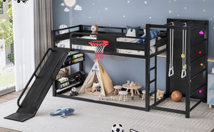 English Elm Twin Xl Metal Loft Bed with Climbing Wall Slide Basketball Hoop and Bookshelves W1580S00588