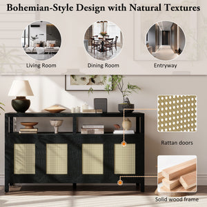 English Elm TREXM Bohemian Rattan Buffet Sideboard with Solid Wood Frame, Adjustable Shelves & Cord Management Black N715P290093B