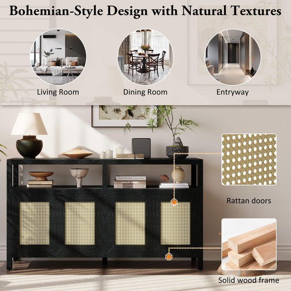 English Elm TREXM Bohemian Rattan Buffet Sideboard with Solid Wood Frame, Adjustable Shelves & Cord Management Black N715P290093B