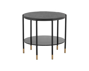 Sunpan Zuma Side Table - Handcrafted Concrete End Table with Slate Effect Top & Black Glass Shelf, Gold Accents
