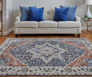 Feizy Rugs Kaia Luxurious Soft Area Rug - Distressed Medallion Design, Durable & Fade-resistant For High Traffic Ivory,Blue,Red Polypropylene,Viscose,Polyester Kai39htfbluredb00