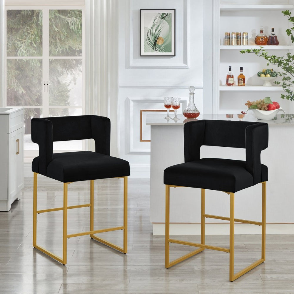 English Elm Modern Velvet Counter Stools Set of Two with Gold Iron Frame and Square Open Back Black W2186P171941
