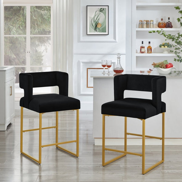 English Elm Modern Velvet Counter Stools Set of Two with Gold Iron Frame and Square Open Back Black W2186P171941