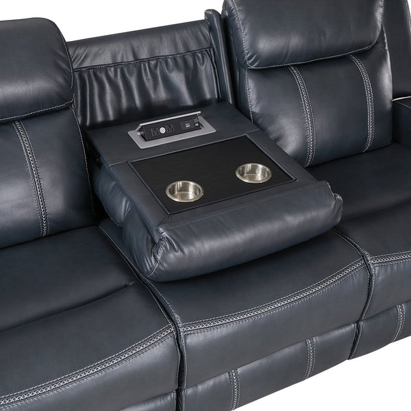 English Elm Modern Blue Dual Reclining Sofa with Drop-Down Storage, Cup Holders, USB Ports, Breathable Faux Leather 86" B011P228161