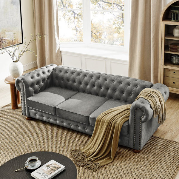 English Elm Chesterfield Linen Tufted 3-Seater Sofa with Scrolled Arms and Nailhead Trim, Durable Plywood Frame Dark Gray W1413S00095