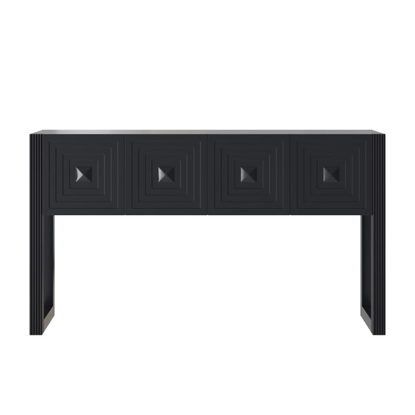 English Elm [video] Art Deco Console Table Geometric Carved Fronts Fluted Legs 3 Soft-close Drawers Black N759P433572B