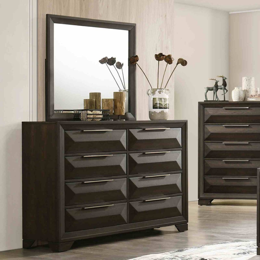 English Elm Transitional 8-drawer Espresso Dresser with Beveled Mirror and Dovetail Joinery B2741S00901