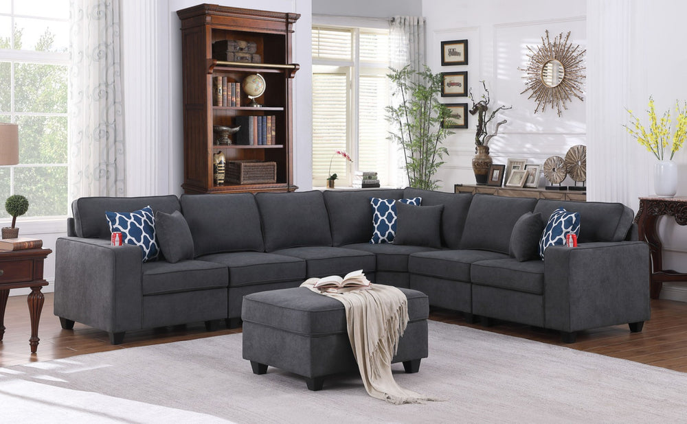 English Elm Cristiano Seven Piece Woven Fabric Sectional Sofa with Ottoman and Built-in Cupholders B2749S00111