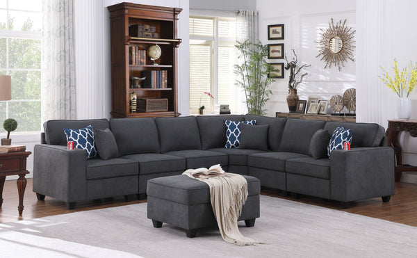 English Elm Cristiano Seven Piece Woven Fabric Sectional Sofa with Ottoman and Built-in Cupholders B2749S00111