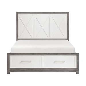 English Elm Queen Platform Bed with Footboard Storage, Ivory & Gray Finish, 2 Drawers, Modern Sturdy Frame B011S01673