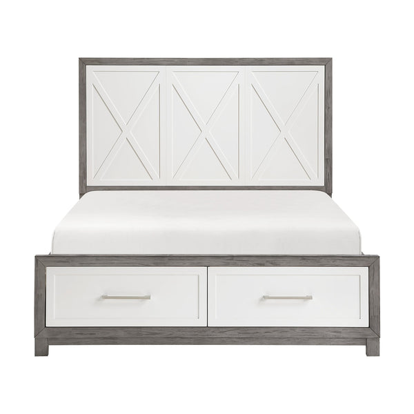 English Elm Queen Platform Bed with Footboard Storage, Ivory & Gray Finish, 2 Drawers, Modern Sturdy Frame B011S01673