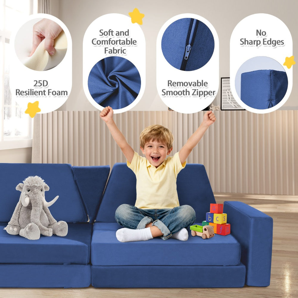English Elm 14pcs Modular Foam Play Couch Set Convertible Toddler Fort Builder for Playrooms Blue T5880P493446