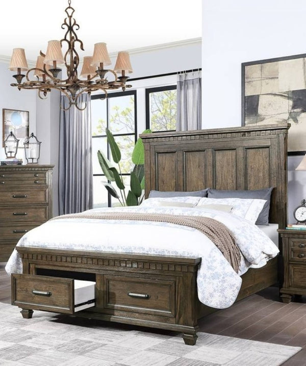 English Elm 1pc California King Panel Bed Tall Headboard Storage Footboard Traditional Brown Wood B011S02126