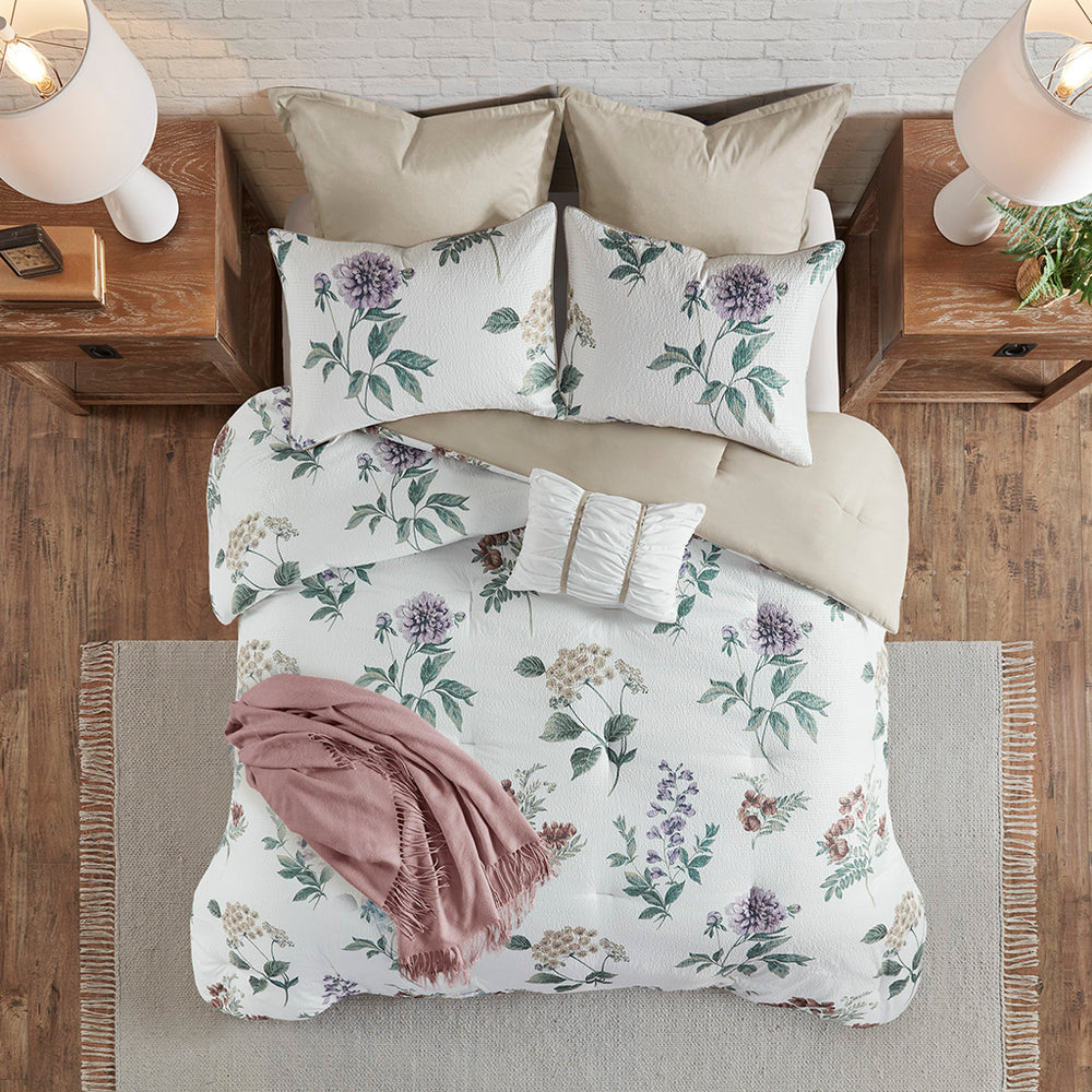 JLA Home Madison Park - 7 Seersucker Comforter Ensemble with Floral Print, Euro Shams, Ruched Pillow & Cozy Throw Blanket 90 L x 90 W x 1.5H MP10-8402