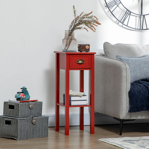 English Elm HOMCOM Narrow 2-Tier Side Table with Drawer and Elevated Shelf — Slim Accent End Table, Sturdy Storage Red W2225P200906