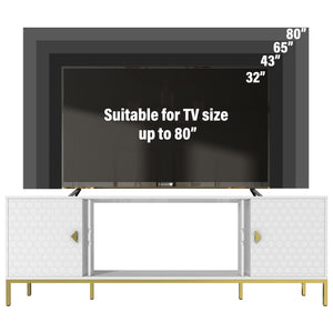 English Elm 70 Electric Fireplace TV Stand with Honeycomb Doors & Gold Legs, Sturdy MDF Console with Adjustable Shelves and Open Storage for Modern Living Room White 75.6 L x 19.3 W x 5.5 H T3609P332396