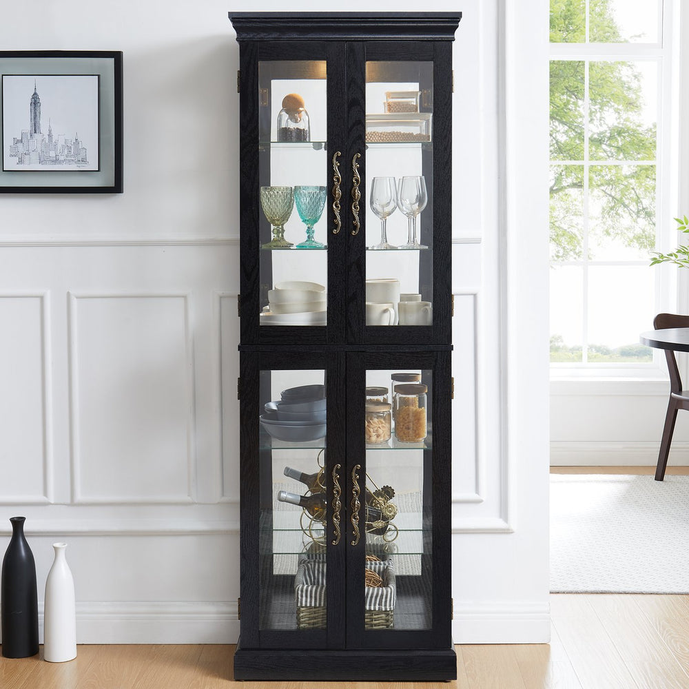 English Elm Elegant Lighted Glass Curio Cabinet with Vintage Carved Handle, Adjustable Shelves, Soft LED Glow, Quiet Hinge (37x15x15) W2275P389763