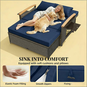English Elm 4-in-1 Wicker Outdoor Daybed with Acacia Armrests Reclining Loveseat and Storage Ottoman Navy Blue T3971P484859