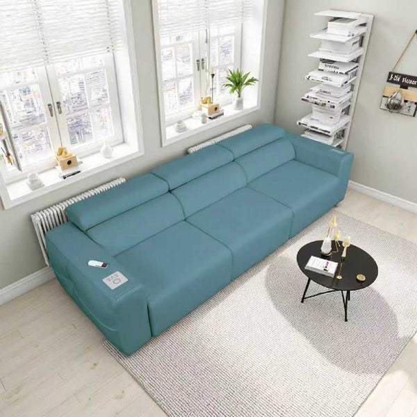 English Elm Power Reclining Sofa with Bluetooth Speakers Wireless Charging and Smart Home Theater Seating Blue W3795S00009