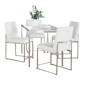 English Elm Fuji Modern High Back Dining Set with Tempered Glass Top, Brushed Steel Frame and Plush Faux Leather Chairs White B202S01510