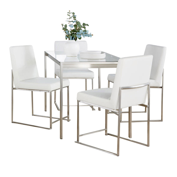 English Elm Fuji Modern High Back Dining Set with Tempered Glass Top, Brushed Steel Frame and Plush Faux Leather Chairs White B202S01510