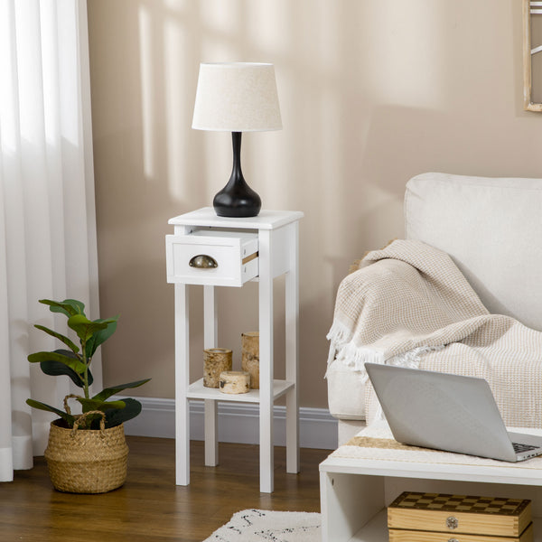 English Elm HOMCOM Narrow 2-Tier Side Table with Drawer and Elevated Shelf — Slim Accent End Table, Sturdy Storage White W2225P200905