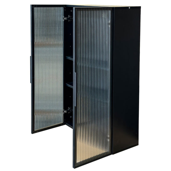 English Elm Wall Mounted Glass Door Cabinet Black Metal Frame Modern Storage for Bath or Kitchen W331P382347