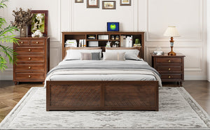 English Elm King Platform Bed with Multi-Storage Headboard, Built-In USB & Outlets, Side Drawers, Modern Design Wood GX000400AAD