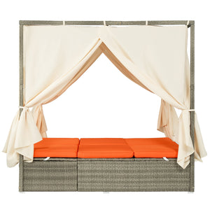 English Elm U_Style Outdoor Adjustable Sun Bed with Canopy & Curtains, Steel Frame, PE Rattan, 400lb Capacity Orange WY000437AAO