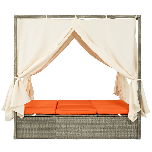 English Elm U_Style Outdoor Adjustable Sun Bed with Canopy & Curtains, Steel Frame, PE Rattan, 400lb Capacity Orange WY000437AAO