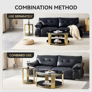 English Elm 16.9inch Round End Table Dual Tier Black Tempered Glass Gold Steel Frame Modern Accent W3357P395504