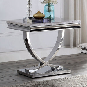 English Elm 1pc End Table Luxe Faux Marble Top with Beveled Edge, Interlocking Pedestal Base, Sleek Metal Finish, 23" Height, Elegant Accent Piece Chrome 28 L x 27 W x 4 H B2741S00431