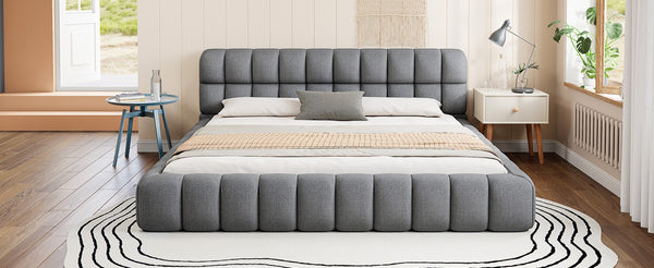 English Elm King Channel Stitched Linen Platform Bed Low Profile Contemporary Upholstered Frame Gray N737P387605E