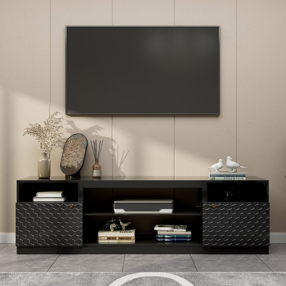 English Elm Modern/contemporary Matte Black Tv Stand with Honeycomb Doors Fits Tvs Over 70 Inches T3609P482848