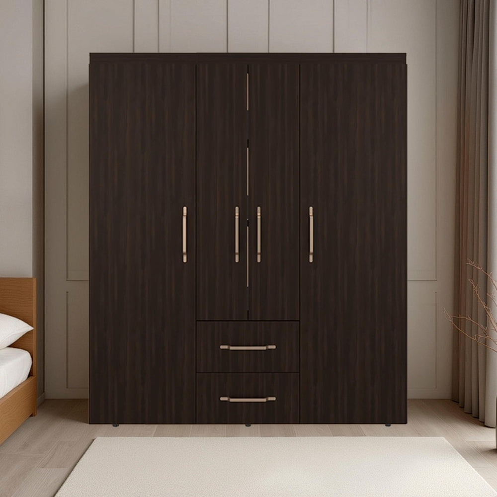 English Elm Stained Walnut Four Door Wardrobe with Rods Shelves and Drawers for Bedroom B062S01864