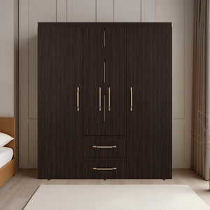 English Elm Stained Walnut Four Door Wardrobe with Rods Shelves and Drawers for Bedroom B062S01864